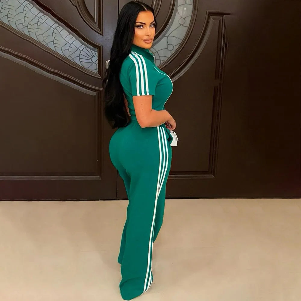 Maxy Fashion Casual Short Hoodie 2 Piece Women Summer Zipper Top Short Sleeved Sports T Shirt Stripe Splicing Long Pants Female Suit
