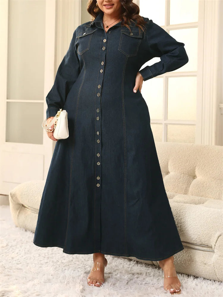 Wmstar Plus Size Dresses for Women Denim Button Solid Long Fashion Elegant Maxi Dress Fall Winter Clothes Wholesale Dropshipping