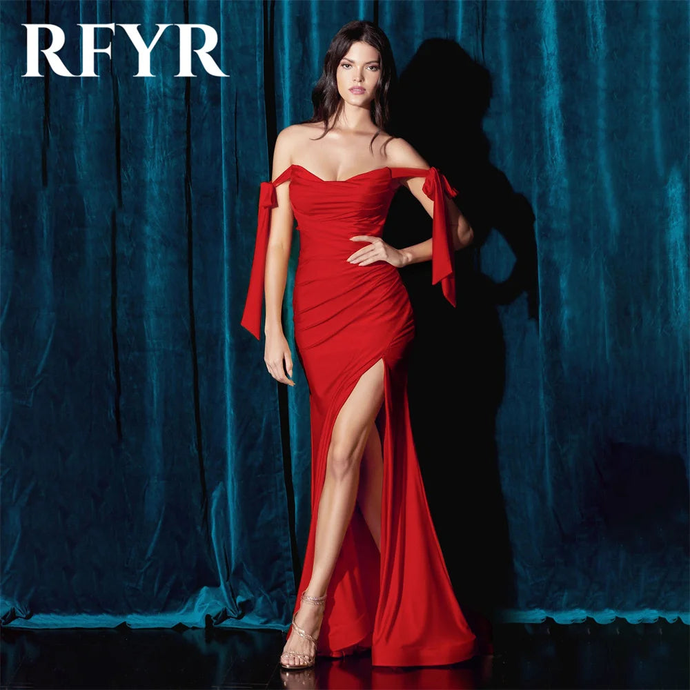 Maxy Red Evening Dresses for Party Satin Off the Shoulder Pleats Long Mermaid Prom Gowns Split Scoop Celebrity Dress Customized