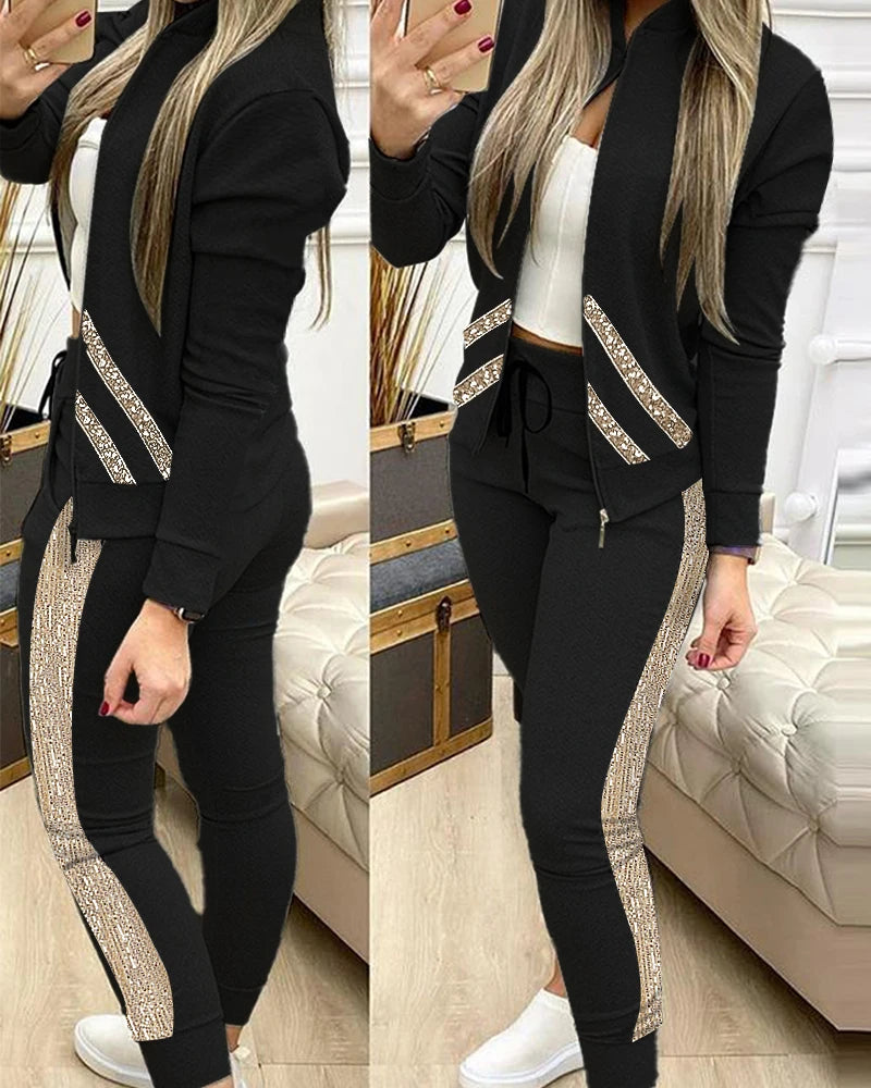 Spring Leisure Sports Zipper Tops Coat Pants 2 Two Pieces Sets For Women Striped Stitching Comfortable Activewear Sets