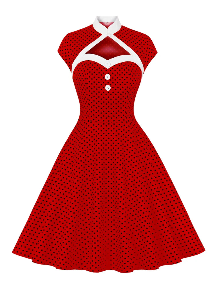 Maxy Toval Stand Collar Hollow Out Front Button Evening Party Dresses Women Cap Sleeve Polka Dot Vintage Dress Elegant Female