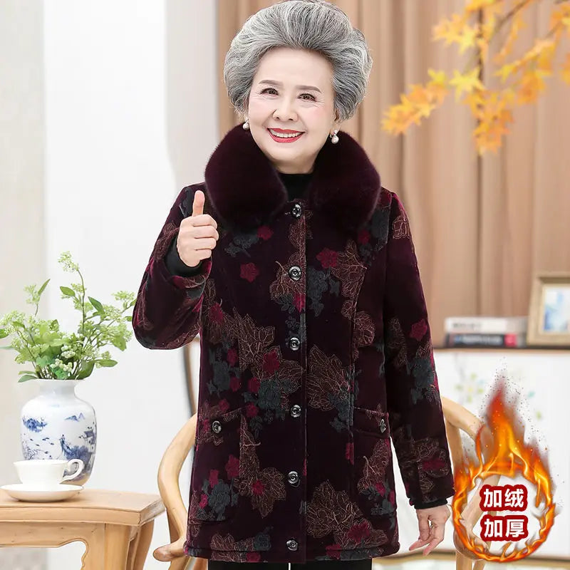 Maxy 5XL Coat Elderly Women Clothing Winter Add Velvet Warm Jacket Female Grandmother Outfit Overcoat Parkas Coat Outerwear W11