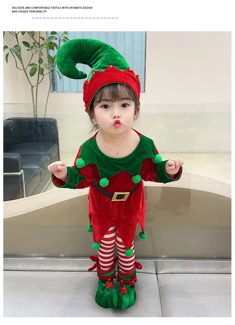 Maxy Costume For Kids Girl Green Santa Claus Suit Set with Hat Children Fancy Christmas Party Dress Set Performance