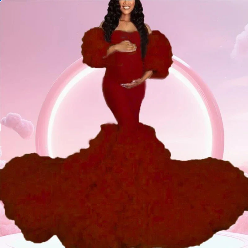 Maxy Hot Maternity Dresses Photoshoot Tulle Maxy Gown Baby Shower Ruffles