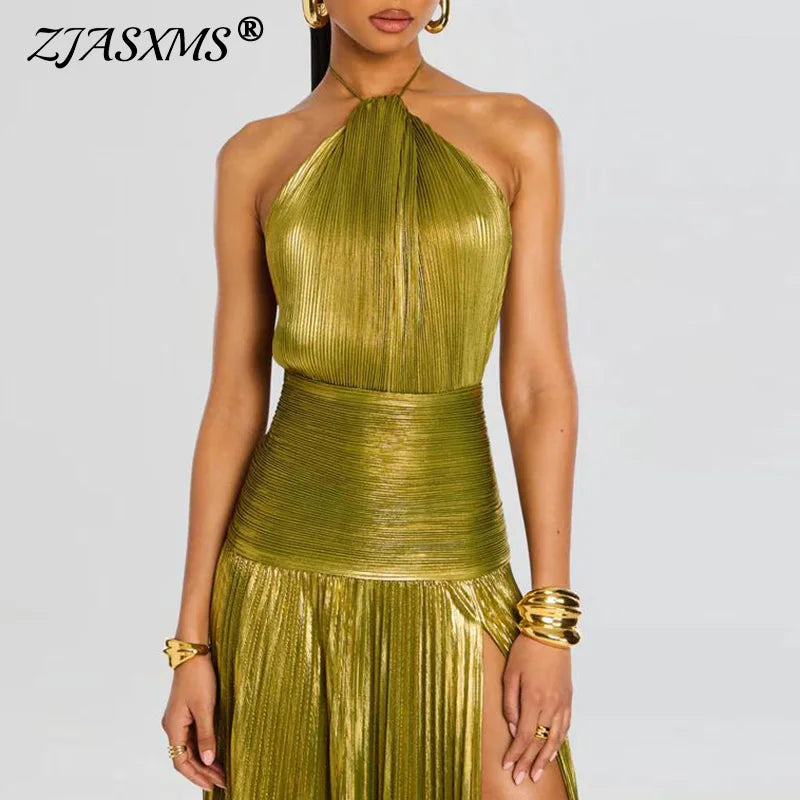 Maxy Gold Sexy Halter High Split Gowns Evening Dress Woman Chic Solid Hollow Pleated Long Dress Spring Summer Backless Zip Maxy Dress