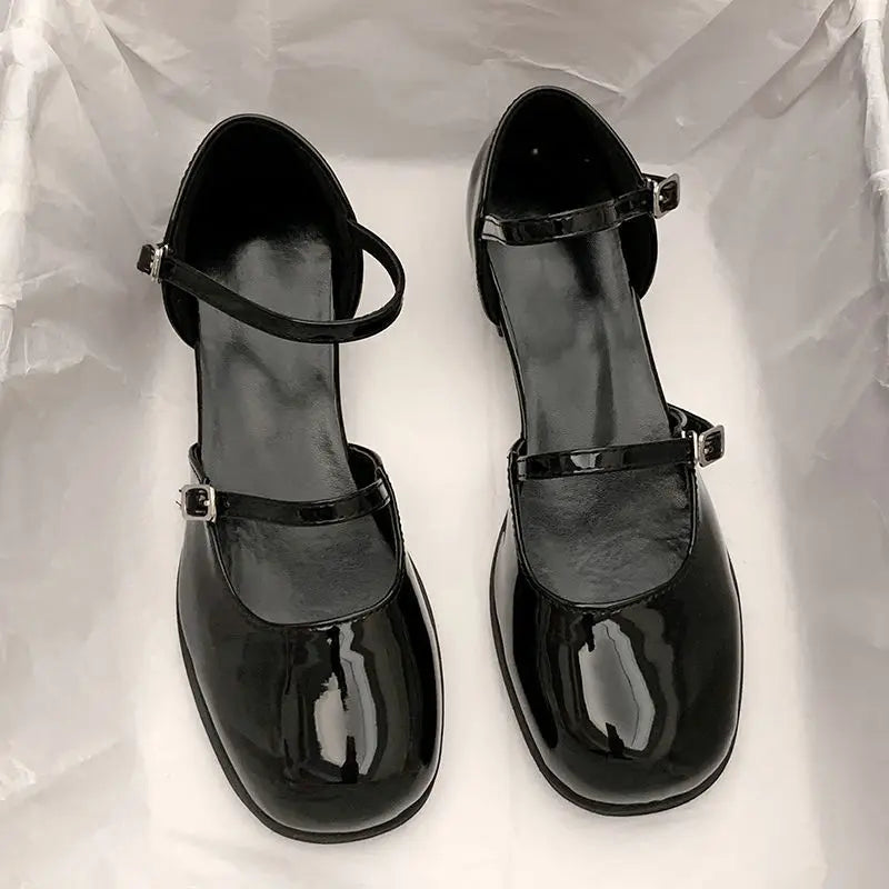 Maxy Shoes Buckle Pumps Women Thick Heels Elegant Shallow Square Toe Footwear Party Office Lady Leather Loafers Shoes