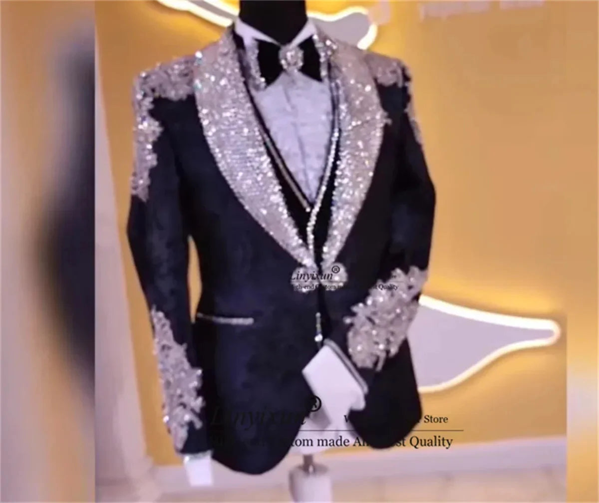 Amay Luxury Beaded Crystals Men Suits Jacquard Groom Tuxedos 3 Pieces Sets Male Prom Blazer Wedding Customized vestido de novia
