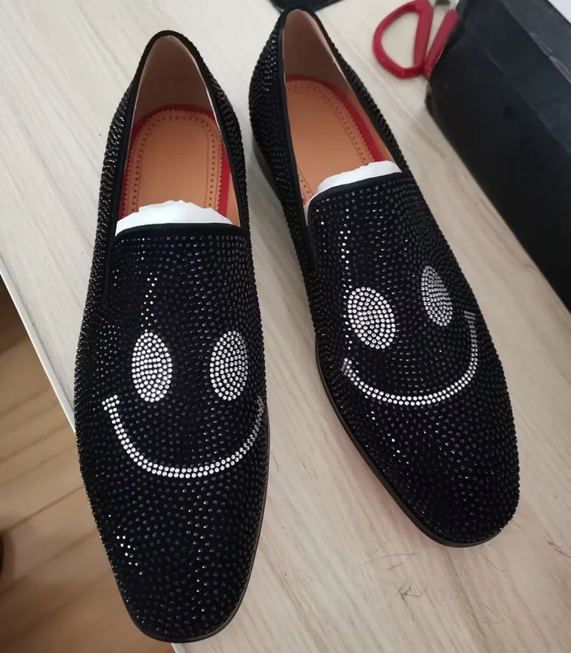 Maxy Smiling Face Rhinestone Loafers For Man Handmade Suede Men Shoes Slip On Mens Dress Shoes Party And Wedding Shoes