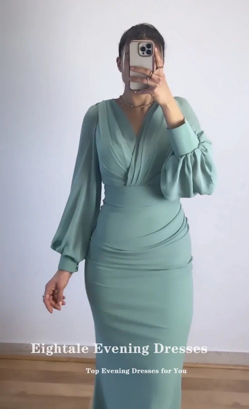 Maxy Eightale Arabic Evening Dress for Wedding Party Chiffon V-Neck Customized Long Sleeve Mermaid Pleats Prom Gowns Celebrity Dress
