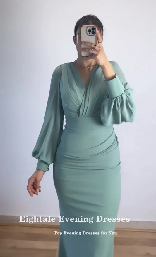 Maxy Eightale Arabic Evening Dress for Wedding Party Chiffon V-Neck Customized Long Sleeve Mermaid Pleats Prom Gowns Celebrity Dress