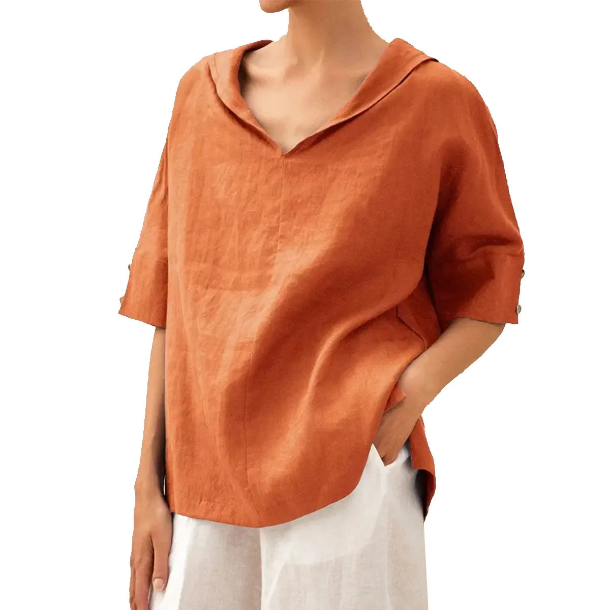 Maxy Women's Loose V-Neck Cotton Linen Shirt, Casual Elegant Summer Blouse Office Wear