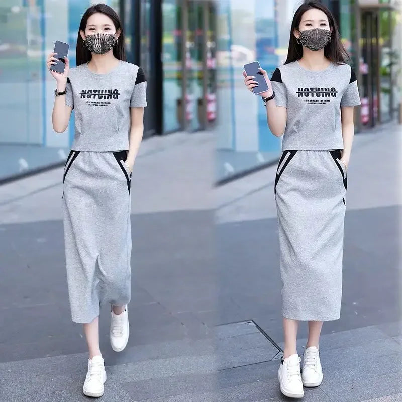 Maxy Skirt Short Sleeve 2 Pieces Sets for Women Kawaii Commuting Woman Outfit Gray Lightly Cooked Printing Midi Cotton Top and Bottom