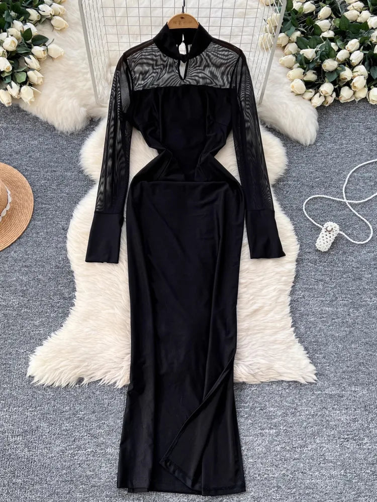 Amay Fashion Stand Collar Dress Women's Long Sleeves Hollow Out Gathered Waist Mesh Spliced Slim Dresses Autumn New 27X1903