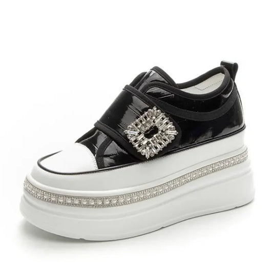 Amay 8cm Crystal High Top Women Genuine Leather Platform Boots Wedge Hidden Heel Hook Spring Autumn Bling Shoes Sneakers Ankle Boots