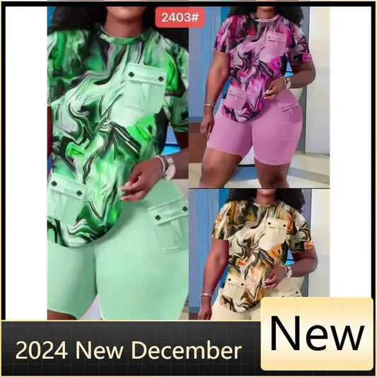Maxy Two Piece Sets Women Short Pant Set Print Round Neck Casual Tops Sheath High Waist Shorts Pants Casual Slim Fit Summer