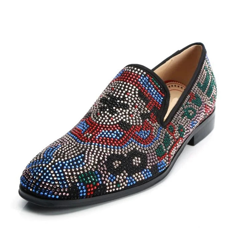 Visco Colorful Rhinestone Wedding Shoes Man Pointed Toe Real Suede Leather Slip On Flats Male Fashion Party Shoes