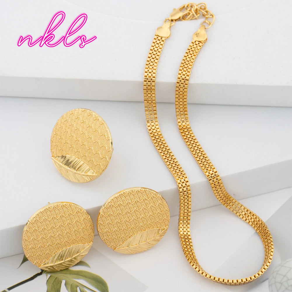Maxy Necklace Dubai Fashion Trendy Earrings Set Simple Chain African Gold Color Earrings and Rings Set For Lady Wedding Jewellery