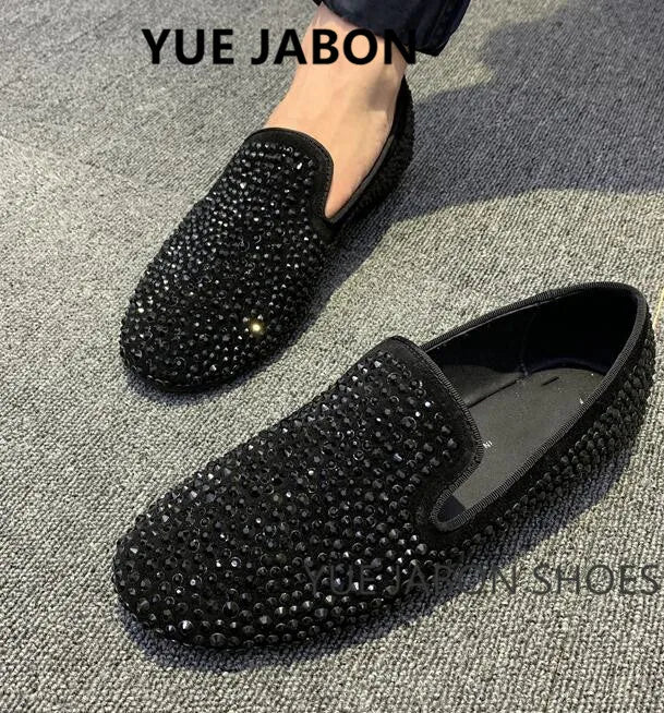 Visco New Fashion Men Rhinestone Shoes British Men's Flats Smoking Slippers Men Loafers Dress Shoes Black Casual Shoes Gladiator Mens