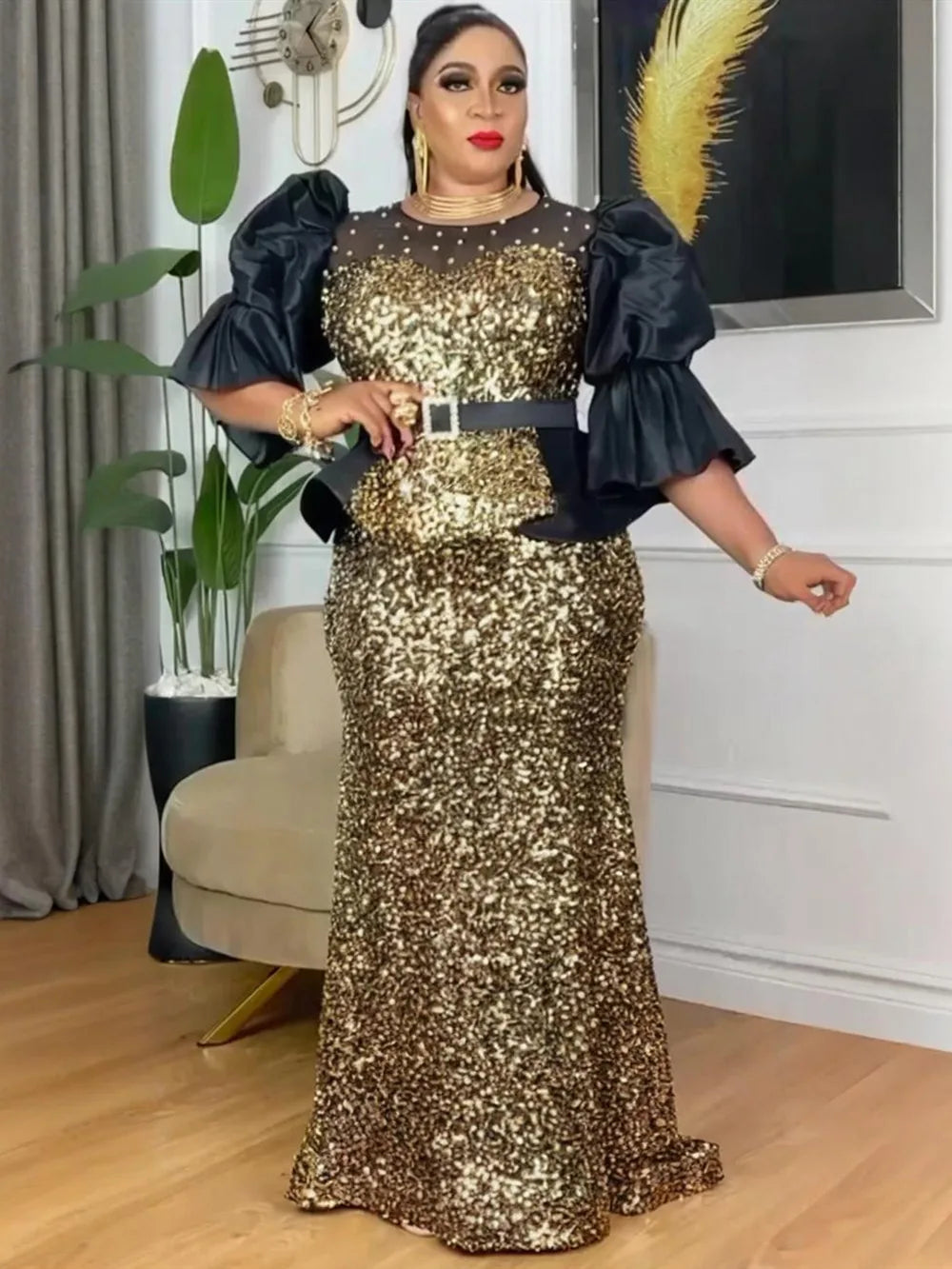 Amay Elegant Dresses for Women Luxury Sequin Evening Gown Plus Size Turkey Wedding Party Dress New Ladies Clothing