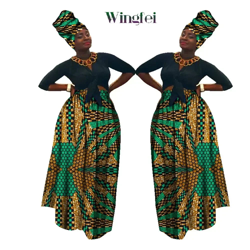 Dashiki African High Waist Ball Grown Skirt Bazin Riche African Skirt and African Headscarf 2 Pieces Lady Maxi Long Skirt WY1270