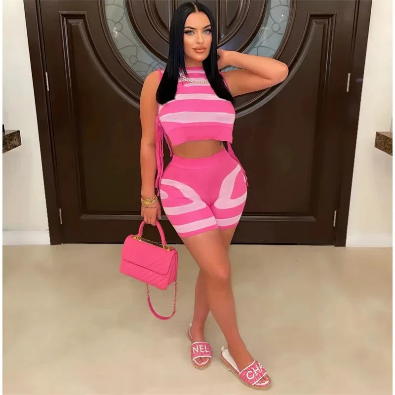 Maxy Striped Printing Two Piece Set Women Party Birthday Outfits Sportwear Side Lace-up Crop Top and Shorts Casual Fitness Tracksuit