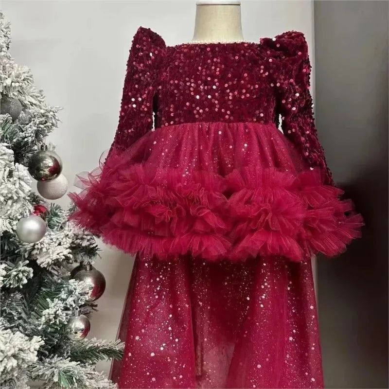 Maxy Baby Girl Princess Christmas Sequins Tutu Dress Long Sleeve Infant Toddler Child Tulle Vestido Birthday Party Baby Clothes 1-12Y
