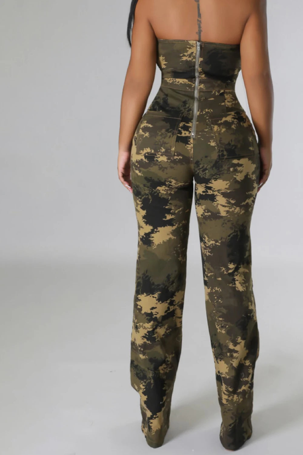 Amay Women Plus Size Camouflage Jumpsuit Casual Army Green Denim Camo Strapless Sleeveless High Waist Ripped Jumpsuit Rompers