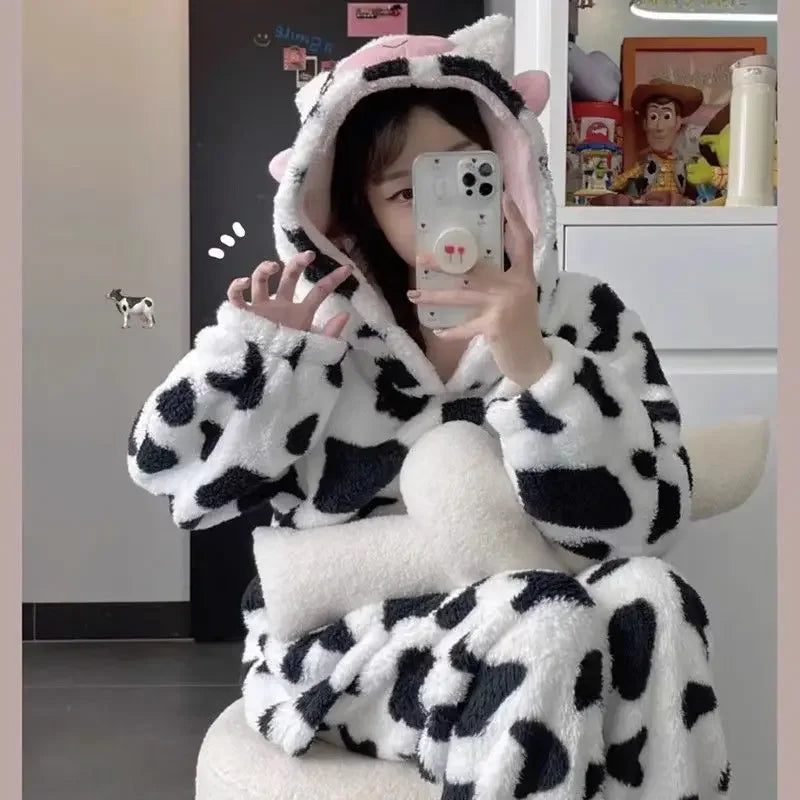 Maxy Autumn Winter New Cute Cow Hooded Pajamas Sets for Woman Kawaii Sleepwear Thickened Coral Velvet Homewear Suits Loungwear