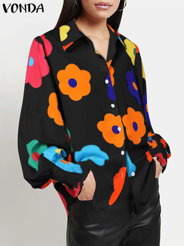 Maxy Plus Size 5XL Casual Floral Printing Loose Tops Women Shirts Lapel Collar Blouses Top Lantern Long Sleeve Tunic