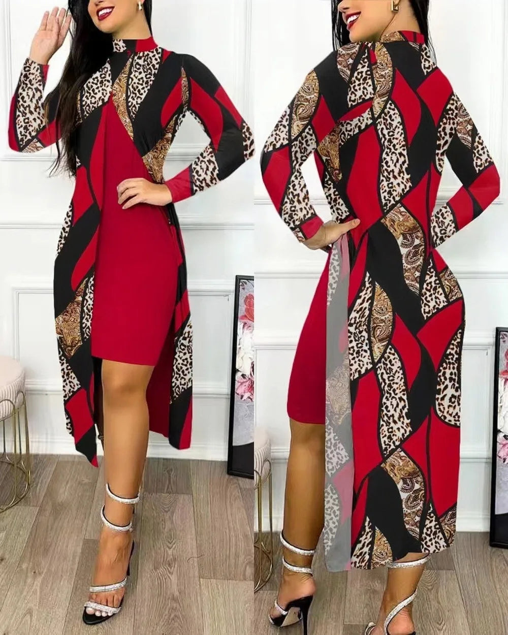 Maxy Two Piece Set Women Print Dresses Sets Full Sleeve Half High Collar Split Cardigan Dress Suits Elegant A Line Office Lady