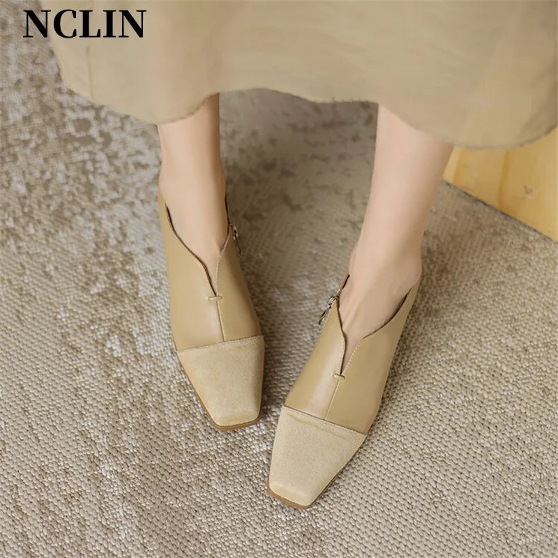 Maxy Autumn Genuine Leather Loafers French Square Toe Chunky Heel High Heels Winter Women Pumps Shoes For Women Zaptos Mujer