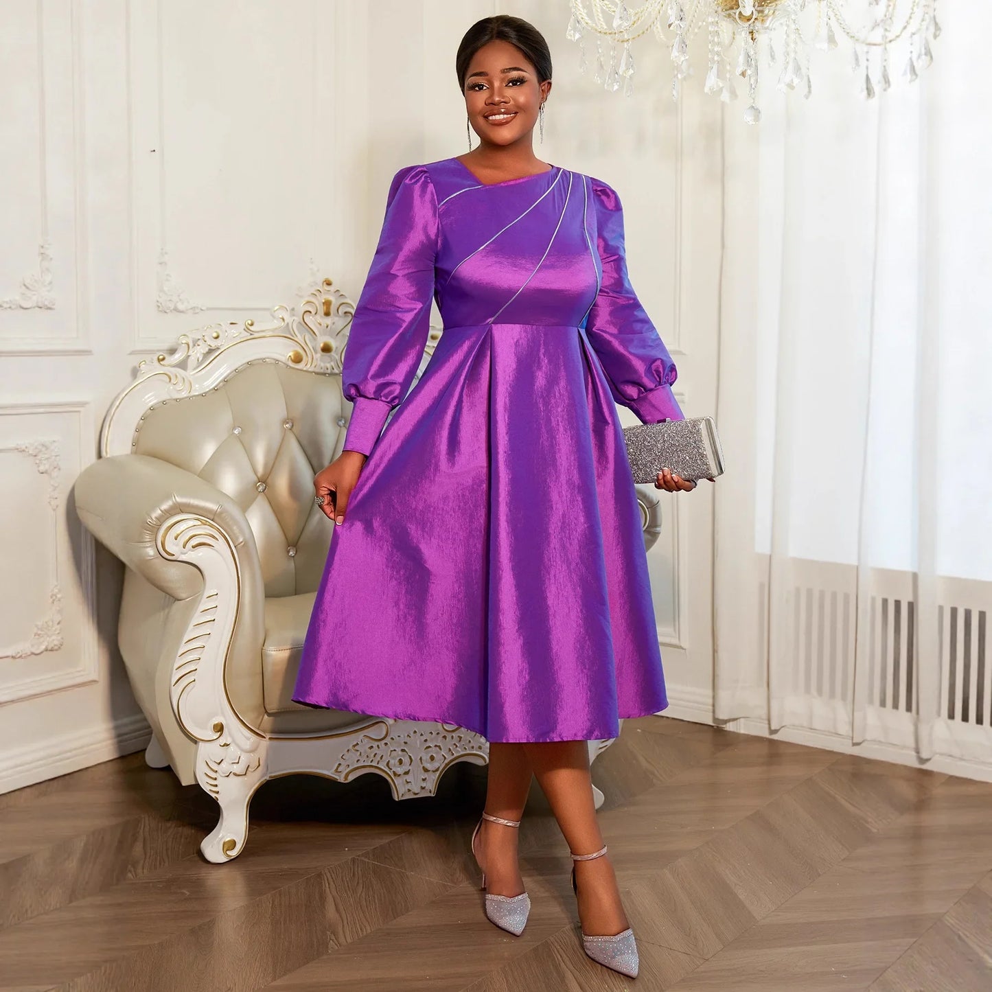 Maxy L-4XL Plus Size Dresses for Women Autumn Elegant Long Sleeve Purple Polyester Party Evening Midi Dress Ankara Dress