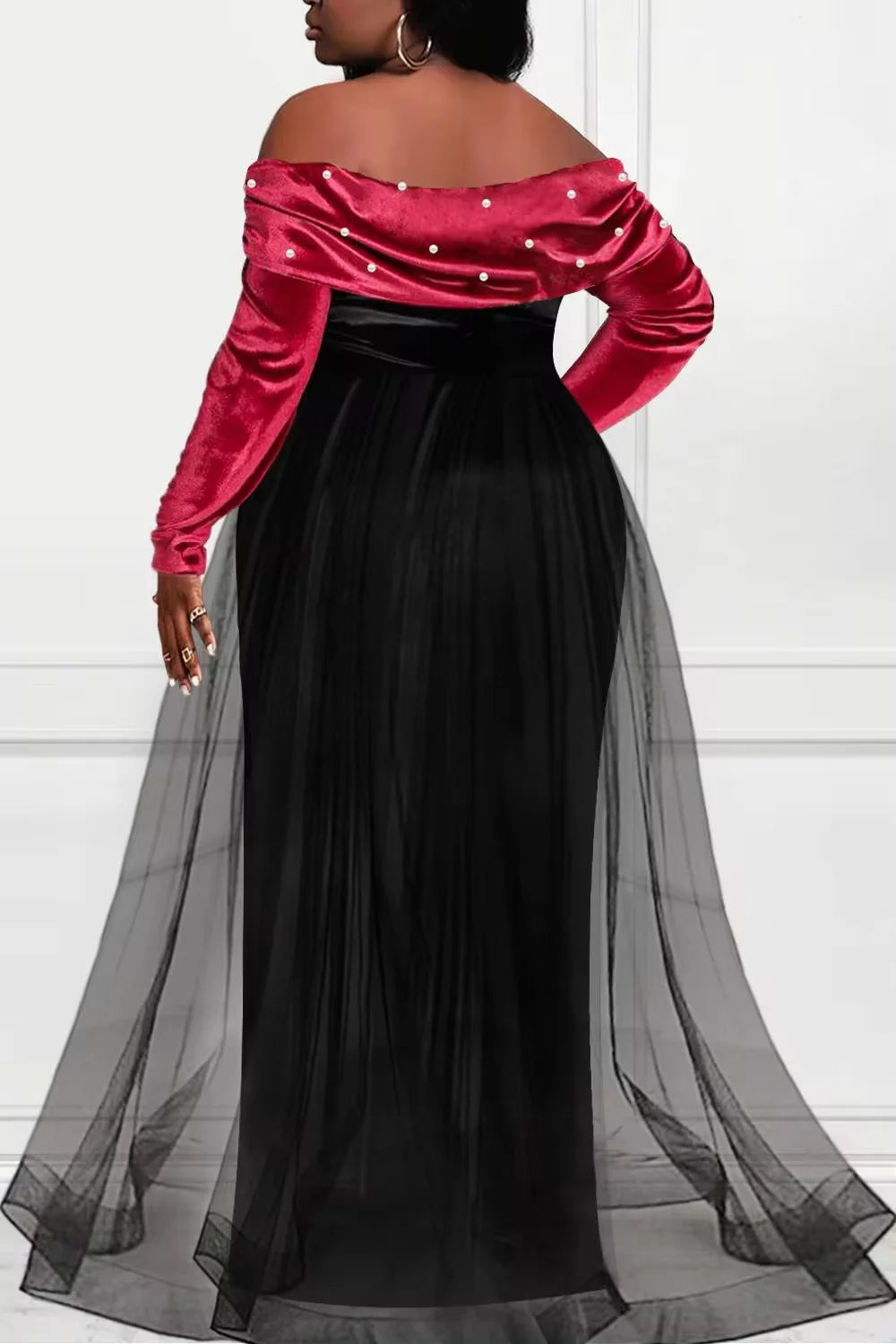 Maxy Women's Plus Size Formal Dress Off The Shoulder Pearl-Embellished Overlay Skirt Velvet Split Maxy Dress Party Evening Dress