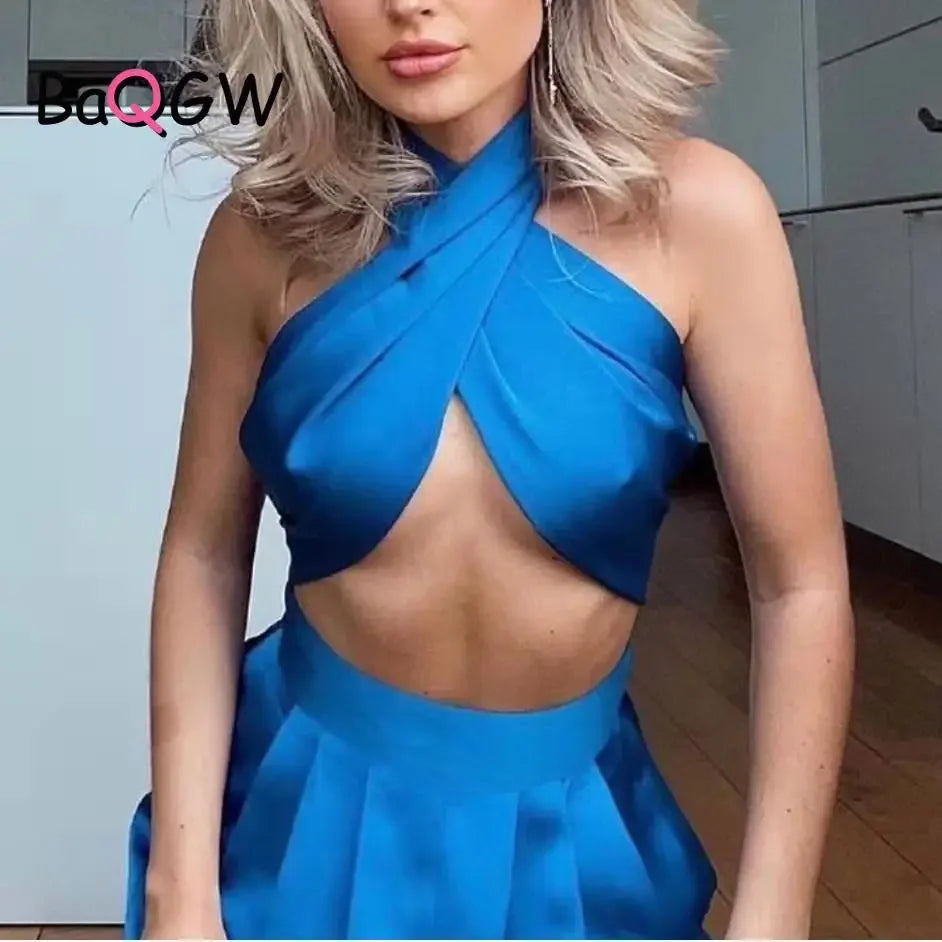 Maxy Sexy Satin Women Two Piece Set Summer Halter Tank Top and High Waist Wide Leg Pants Matching Sets Vintage Party Club Outfits