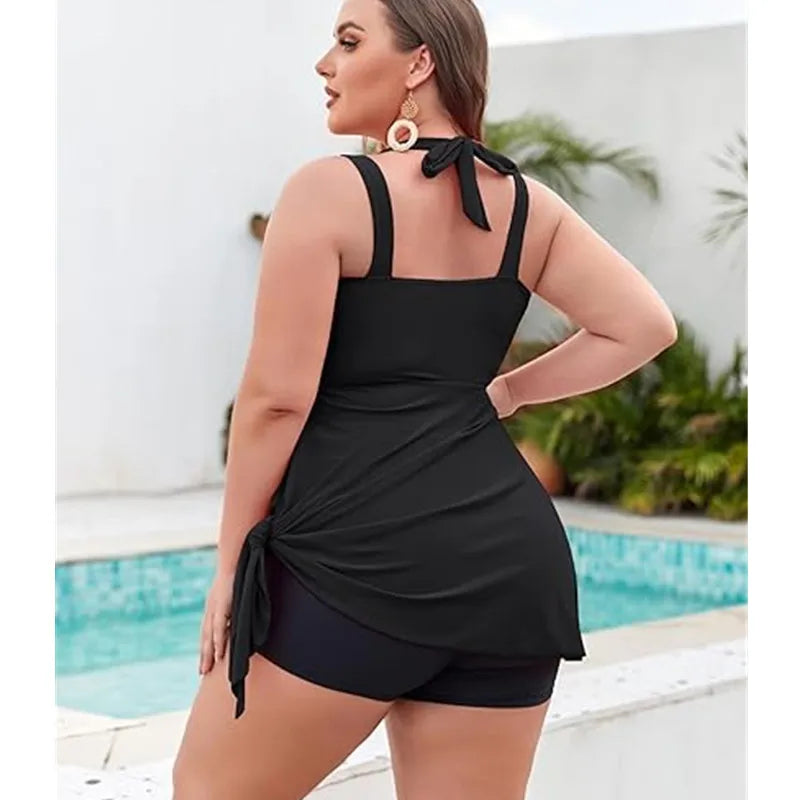 Maxy Women Plus Size Swimwear Two Piece Black Tankini Swim dress V Neck Halter Floral Asymmetrical Hem Skirted Swimsuits with Boyshort
