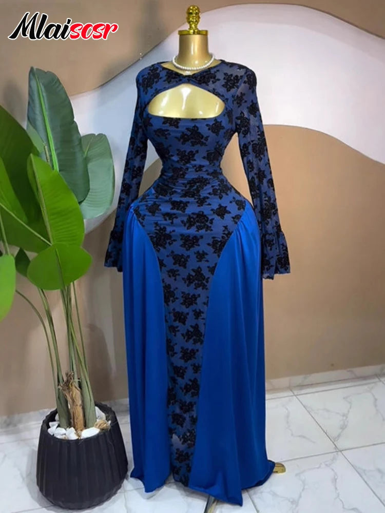 Maxy Floral Patchwork Hollow Out Long Sleeve Blue A-Line Dress Women Evening Party Birthday Festival African Fall Robe