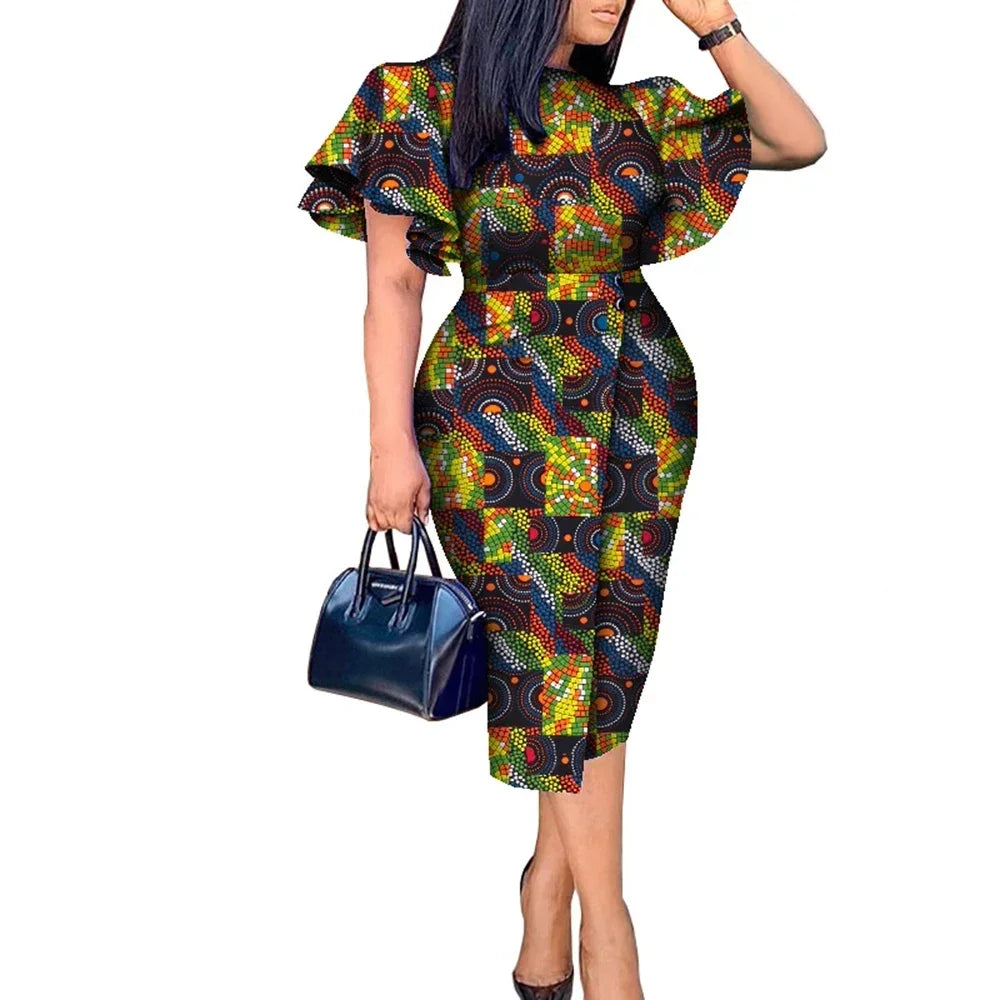 Maxy African Women Clothing Wax Print Kitenge Designs Butterfly Sleeve Dress WY8313