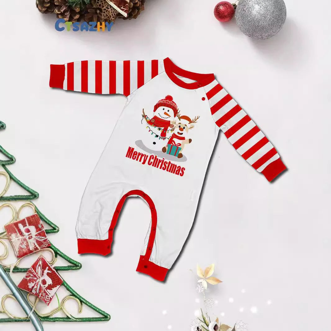 Family home wear Christmas Deer Snowman family suit red and white stripes patchwork printed pajamas two-piece set