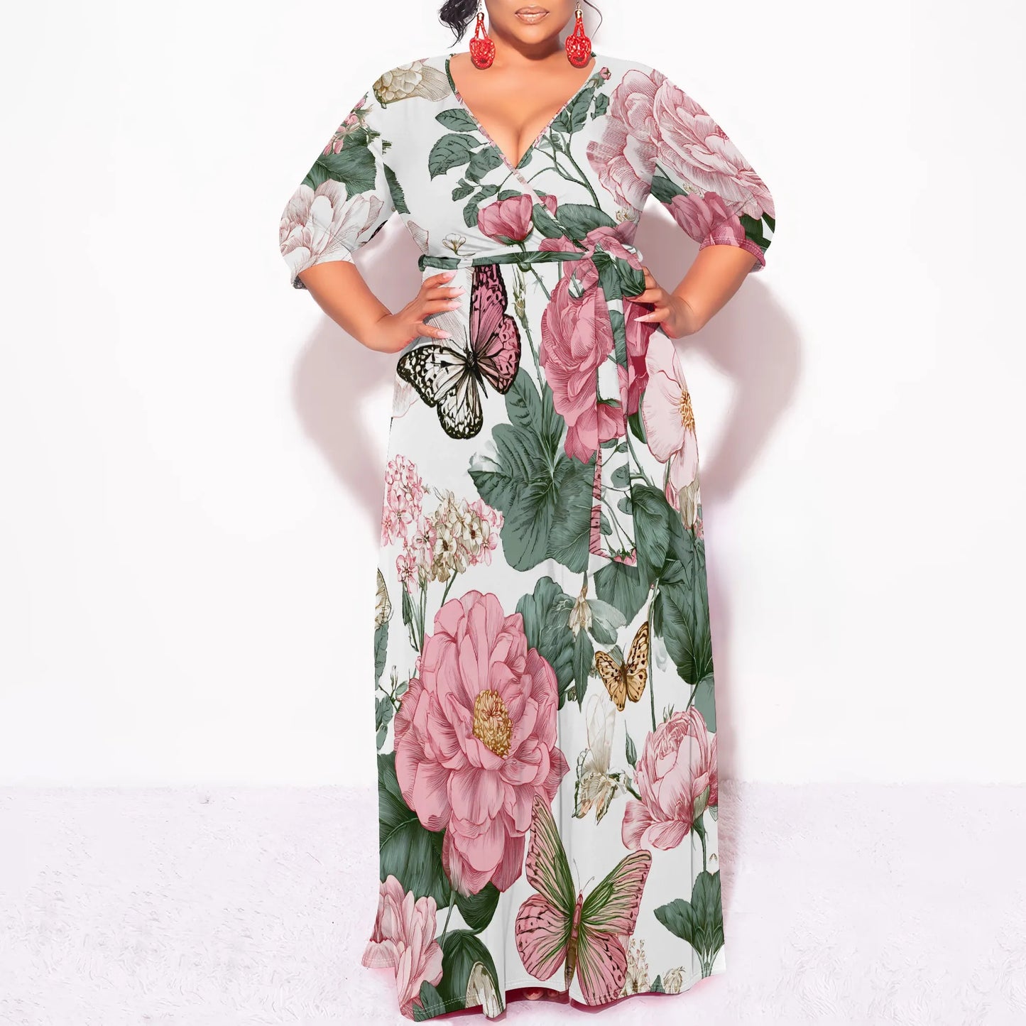 Maxy Plus Size Long Sleeve Floral Patchwork Maxy Dress V-Neck Elegant Artistic Design