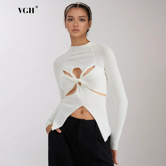 Amay Hollow Out Slimming Chic Sweaters For Women Stand Collar Long Sleeve Minimalist Knitting Pullover Sweater Female Fashion New