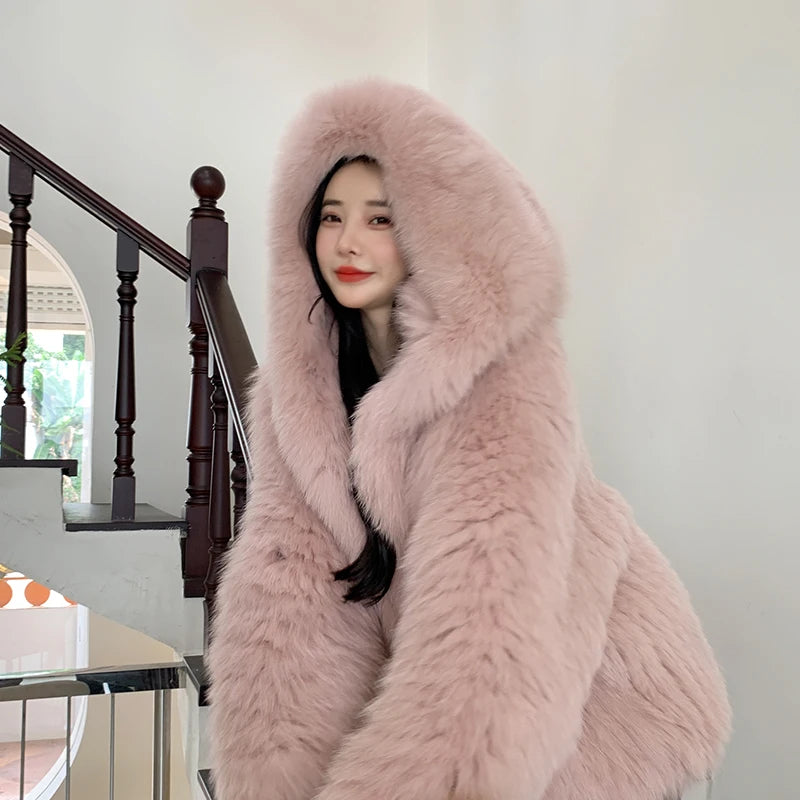 Maxy White Fox Fur Coats Women Winter Fashion Warm Faux Fur Coats Hooded Long Sleeves Sweet Lady Design