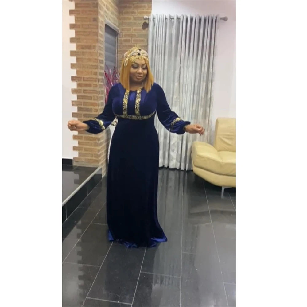 Plus Size African Dresses for Women Velvet Diamonds Evening Wedding Maxi Dress Kaftan Dubai Abaya Elegant Ankara Dashiki Robe