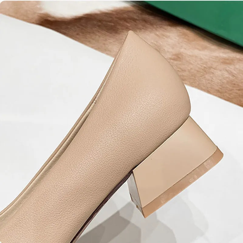 Amay New Women Med Heel Square Toe Pumps Office Lady Shoes Big Gold Metal Chain Soft Soles Slip on Leahter Shoes