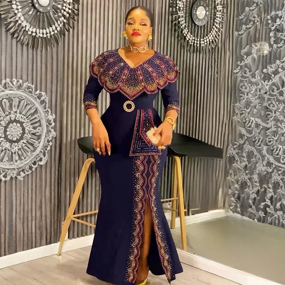 Amay Plus Size Party Dresses for Women Dashiki Diamond Bodycon Long Dress Elegant Muslim Wedding Evening Gowns Outfits