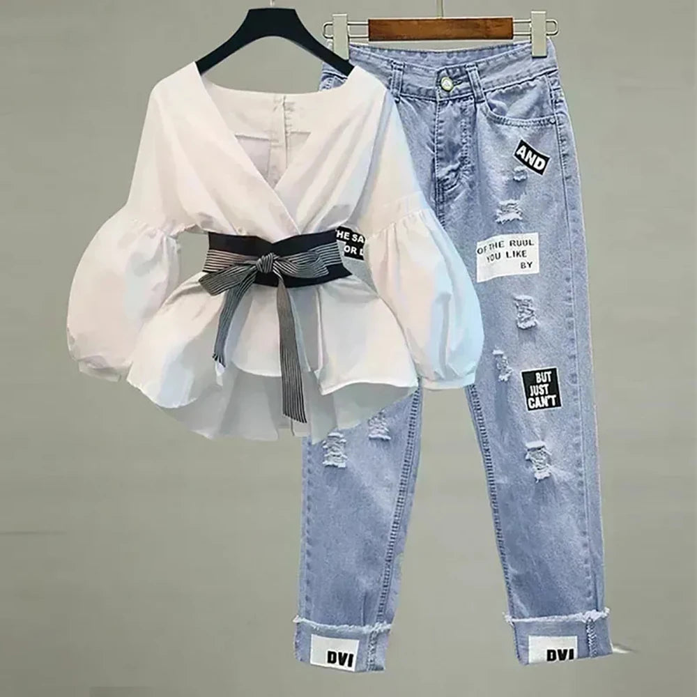 Maxy Women Elegant V-Neck Stripe Lantern Sleeve Bow Belt Trend Slim Chiffon Shirt Top And Korean Ripped Jeans Office Lady Casual Suit