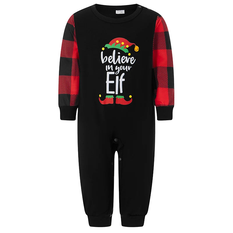 Matching Christmas Pajamas for Family Long Sleeve Elf Print Tops Plaid Pants Set Loungewear