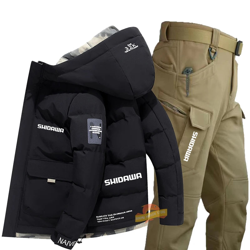 Maxy New Fishing Suit Men Winter Down Clothing Windproof and Coldproof Mountain Climbing Jacket + Waterproof Warm Pants Two-piece Set