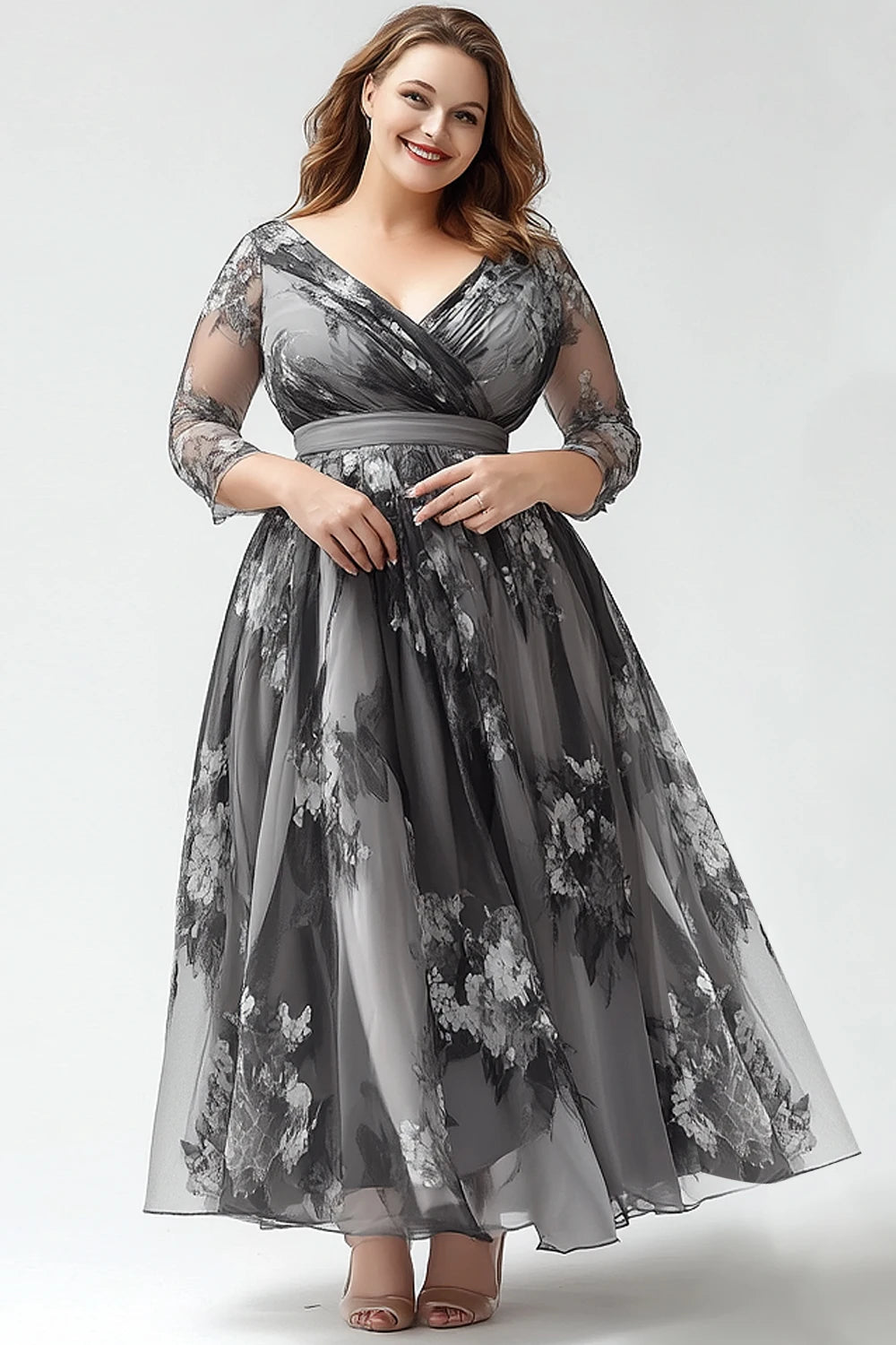 Maxy Fly curvy Plus Size Mother of The Bride Dark Grey Organza Wrap Floral Print Maxy Dress