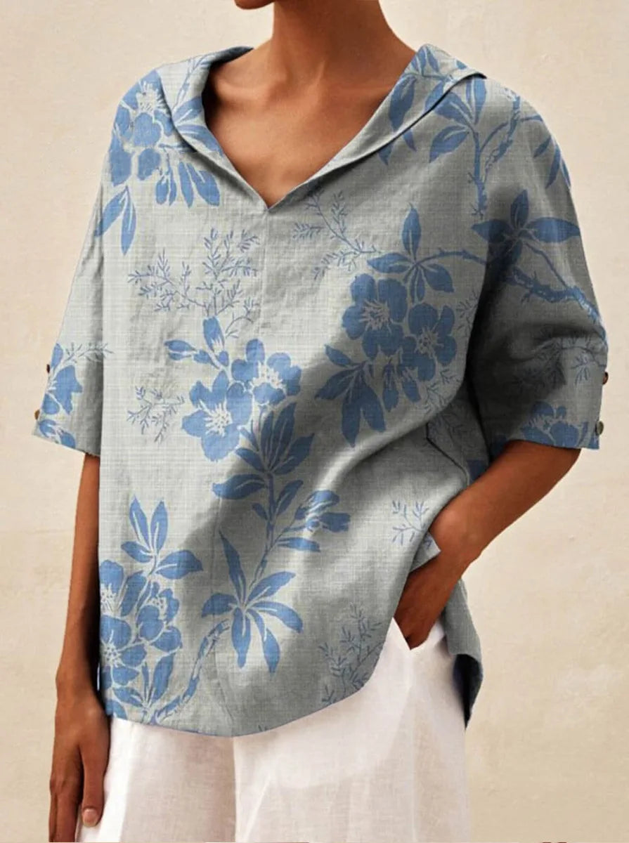 Maxy Women's Loose V-Neck Cotton Linen Shirt, Casual Elegant Summer Blouse Office Wear