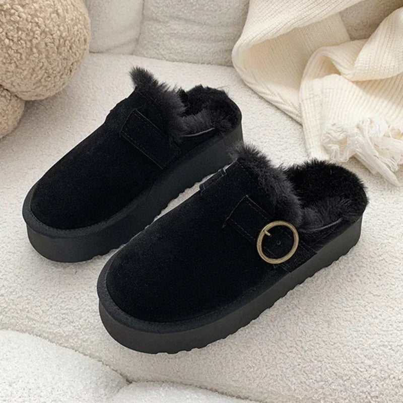 Maxy Women Thicken Plush Fur Slippers Winter Slip on Chunky Platform Loafers Mules Woman Thick Bottom Cotton Slippers Flip Flops